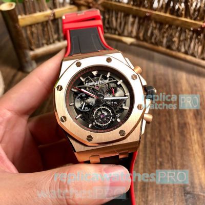 Copy Audemars Piguet Royal Oak Chronograph Gold Bezel Black & Red Rubber Strap Watch